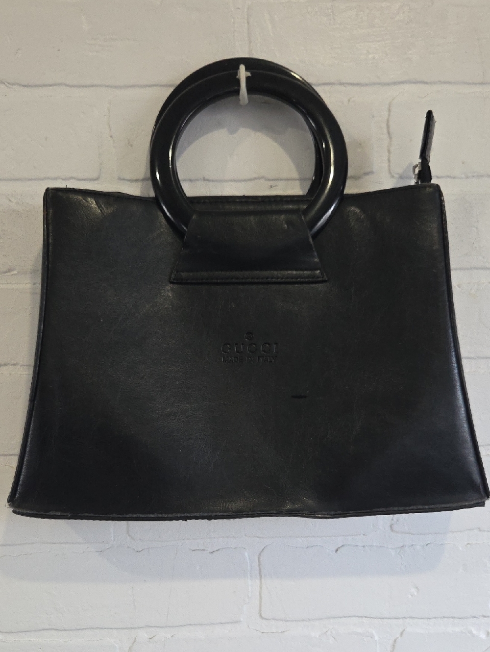 Vintage Fixer-upper Black Leather Ring-Handle Tote